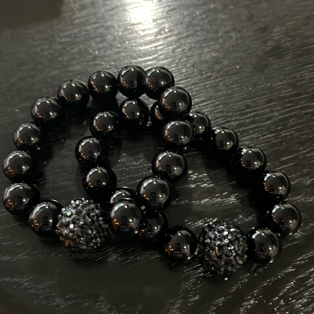 Two black beaded ball, bracelets with black rhinestone large bead